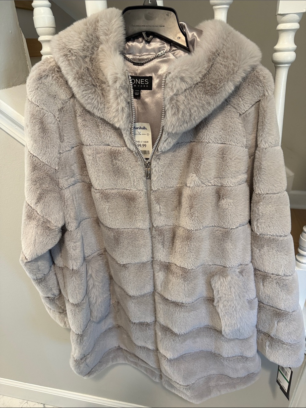 Jones New York Light Gray Plush Faux Fur Hooded Jacket